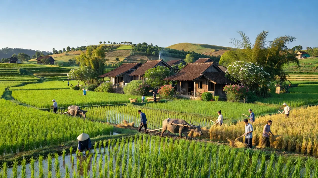 Cảnh đẹp xã Liên Thành, huyện Yên Thành, tỉnh Nghệ An với cánh đồng xanh mướt và nhà truyền thống.