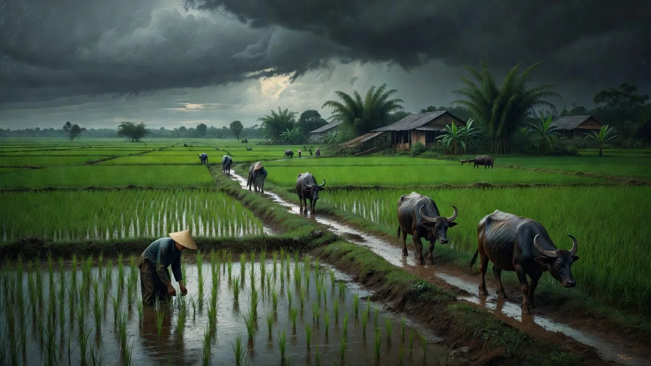 Cảnh quan xã Long Thành, huyện Yên Thành với cánh đồng và bầu trời sau cơn mưa, Nghệ An.