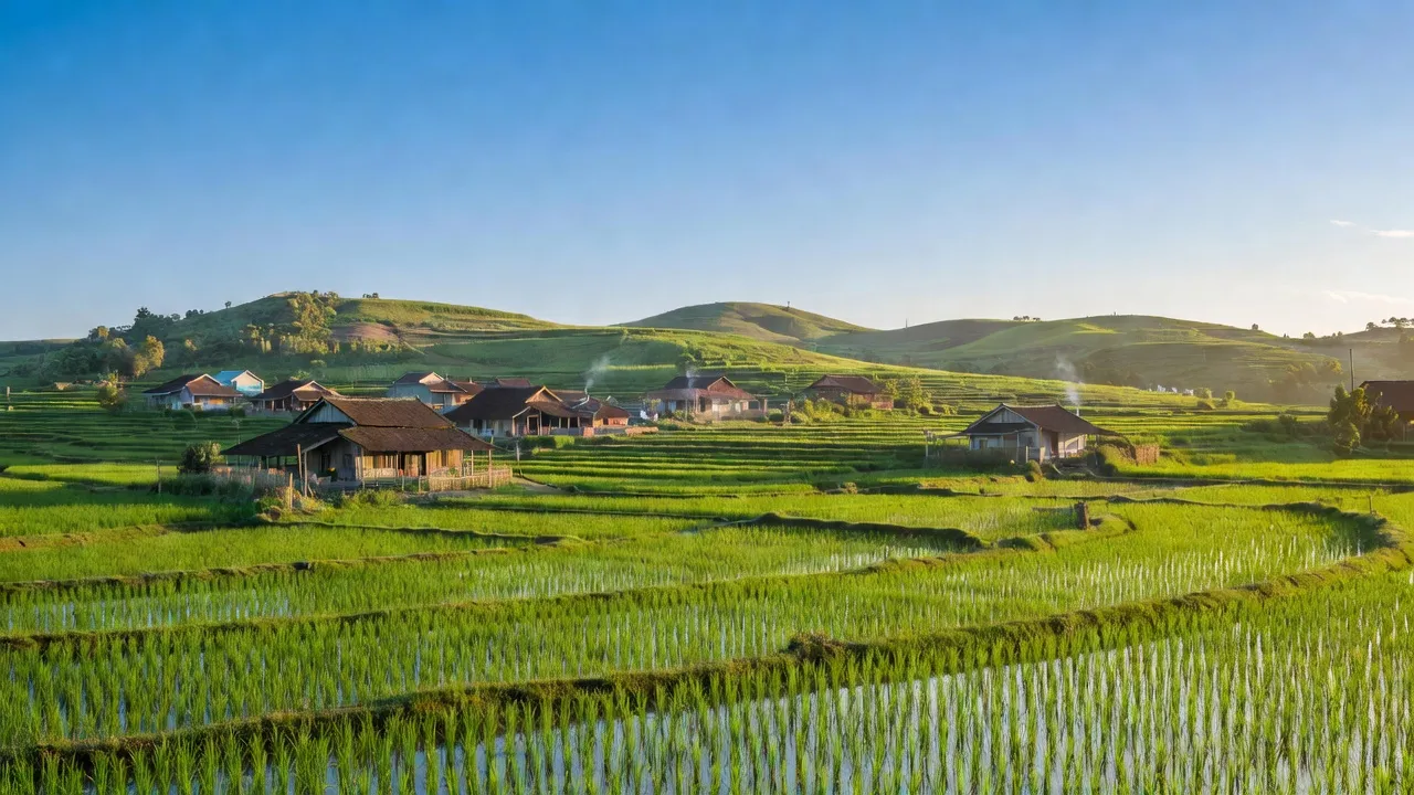 Cảnh đồng xanh và nhà truyền thống tại xã Mỹ Thành, huyện Yên Thành, tỉnh Nghệ An.