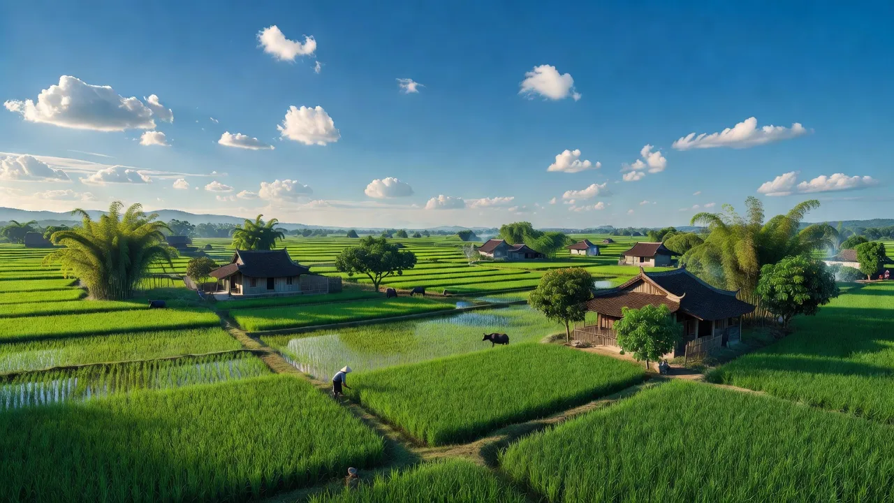 Quang cảnh xã Mỹ Thành, huyện Yên Thành, Nghệ An với đồng xanh, nhà truyền thống và bầu trời trong xanh.