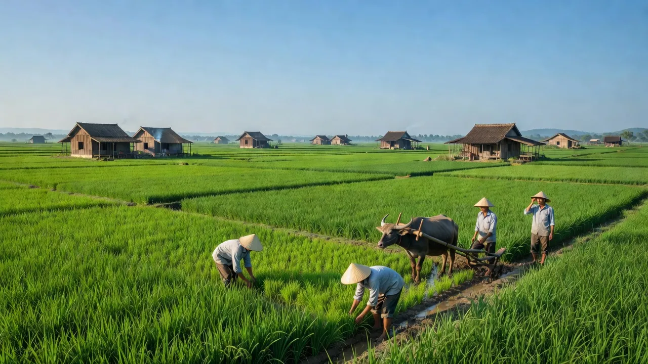 Cảnh nông thôn xã Phú Thành, huyện Yên Thành, tỉnh Nghệ An với đồng xanh và nhà gỗ truyền thống.
