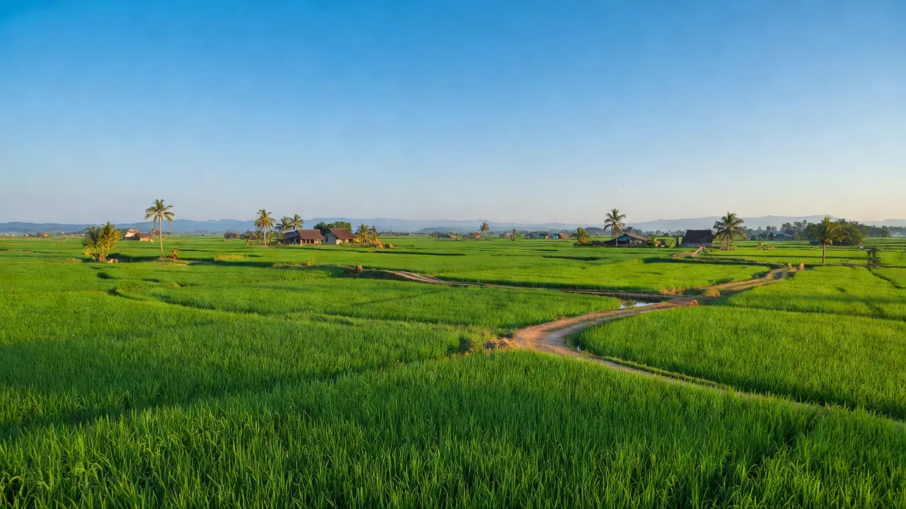 Cảnh sắc xã Phú Thành, huyện Yên Thành với đồng ruộng xanh và bầu trời trong xanh, Nghệ An.