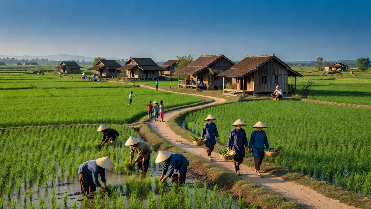 Khung cảnh nông thôn Xã Phúc Thành, huyện Yên Thành, Nghệ An với cánh đồng xanh và nhà truyền thống.