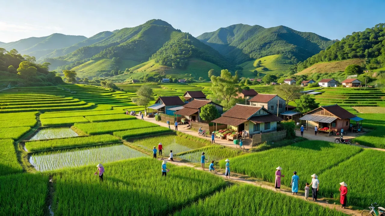 Khung cảnh Quang Thành, huyện Yên Thành, Nghệ An với núi xanh và cánh đồng lúa.