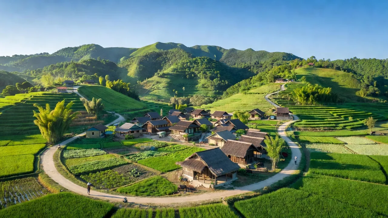 Quang Thành, huyện Yên Thành, Nghệ An, cảnh làng quê xanh tươi với núi và nhà truyền thống.