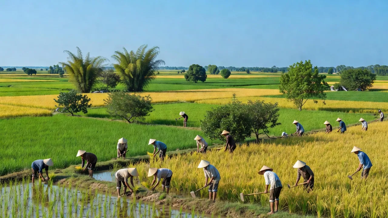Cảnh quan nông thôn ở xã Sơn Thành, Yên Thành, Nghệ An với cánh đồng xanh và cuộc sống bình yên.