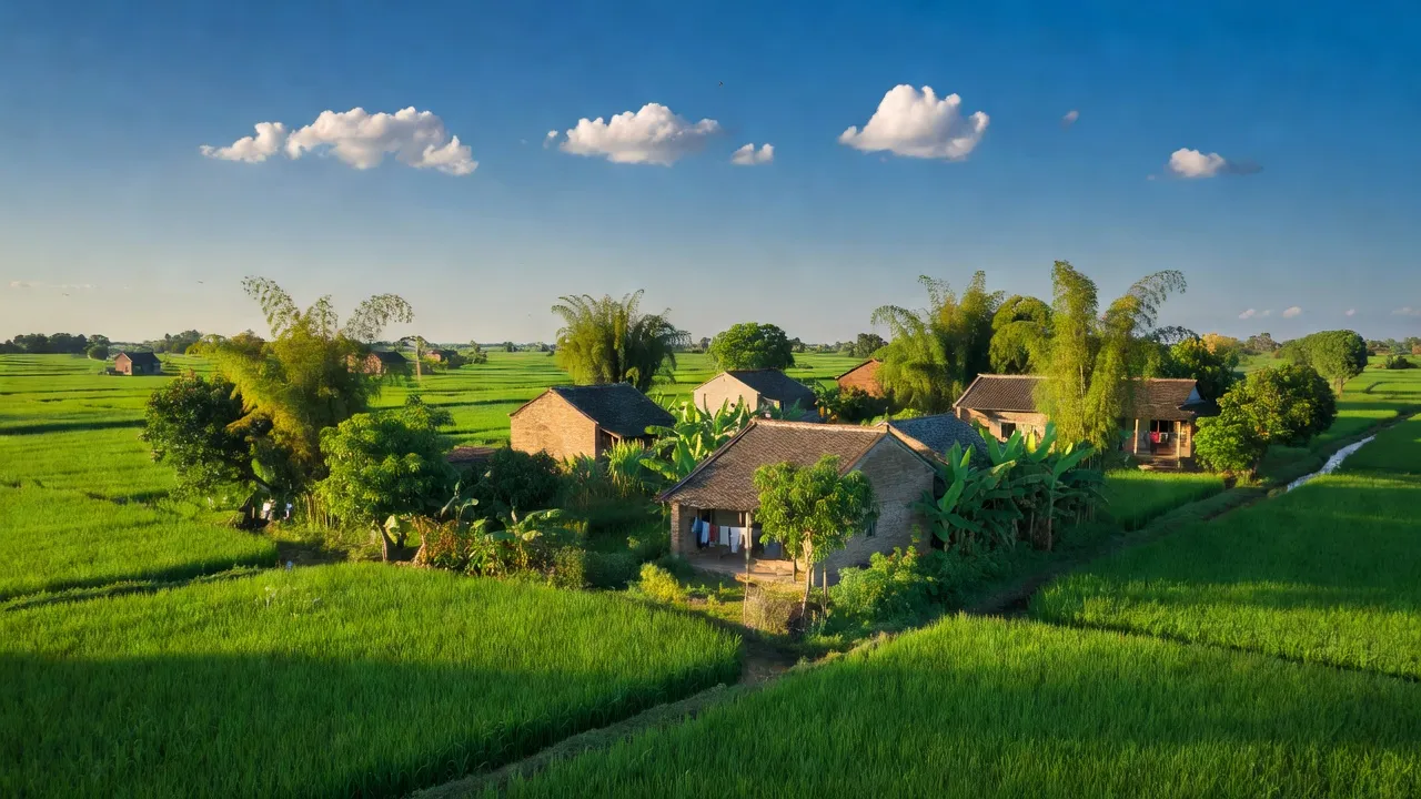 Cảnh nông thôn xã Tăng Thành, huyện Yên Thành, tỉnh Nghệ An với cánh đồng xanh và nhà cửa đẹp.
