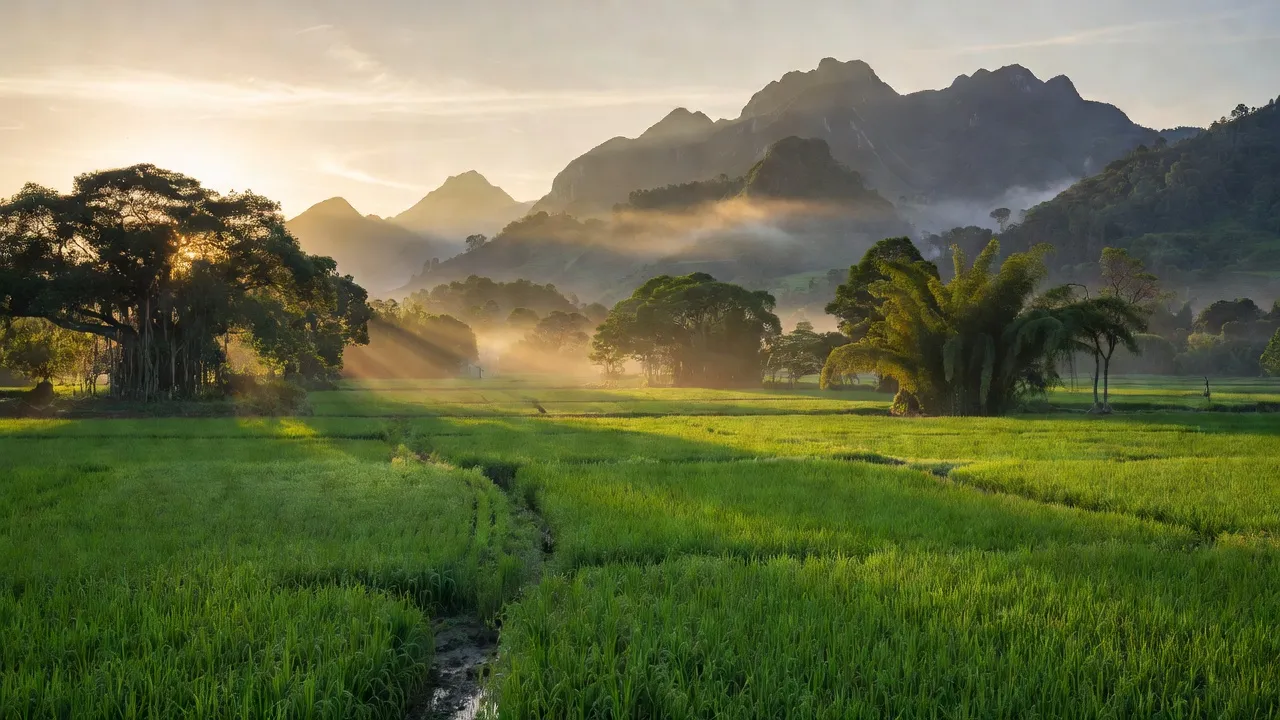 Phong cảnh xã Tăng Thành Yên Thành Nghệ An, cánh đồng xanh và núi, bình minh tuyệt đẹp.