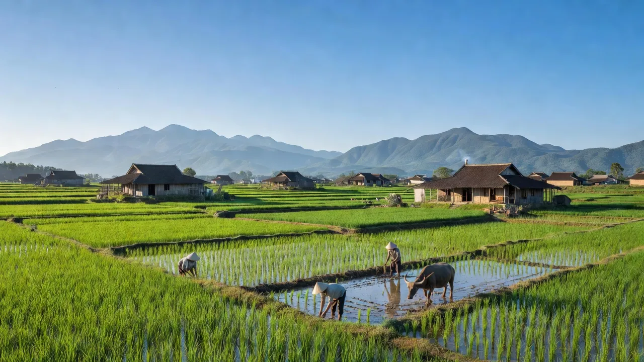 Cảnh sắc Xã Thịnh Thành, Huyện Yên Thành với ruộng xanh và nhà truyền thống, thiên nhiên yên bình.