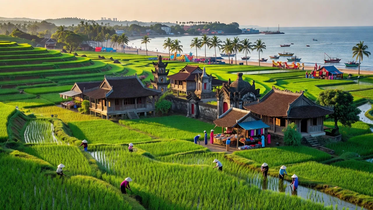 Nghệ An province landscape with green fields, historic sites, and coastal views, showcasing its cultural significance.
