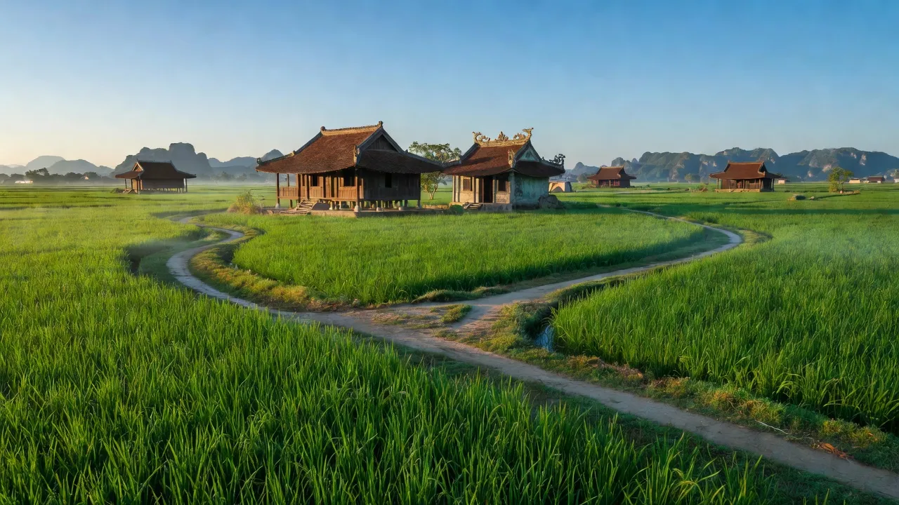 Quang cảnh huyện Gia Viễn, Ninh Bình với cánh đồng xanh và kiến trúc truyền thống, phục vụ du lịch.