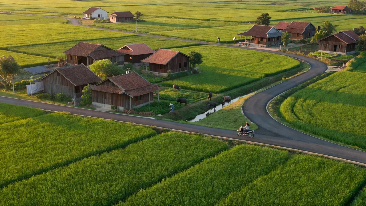 Cảnh đồng xanh và nhà truyền thống ở xã Gia Hòa, huyện Gia Viễn, Ninh Bình, Việt Nam.