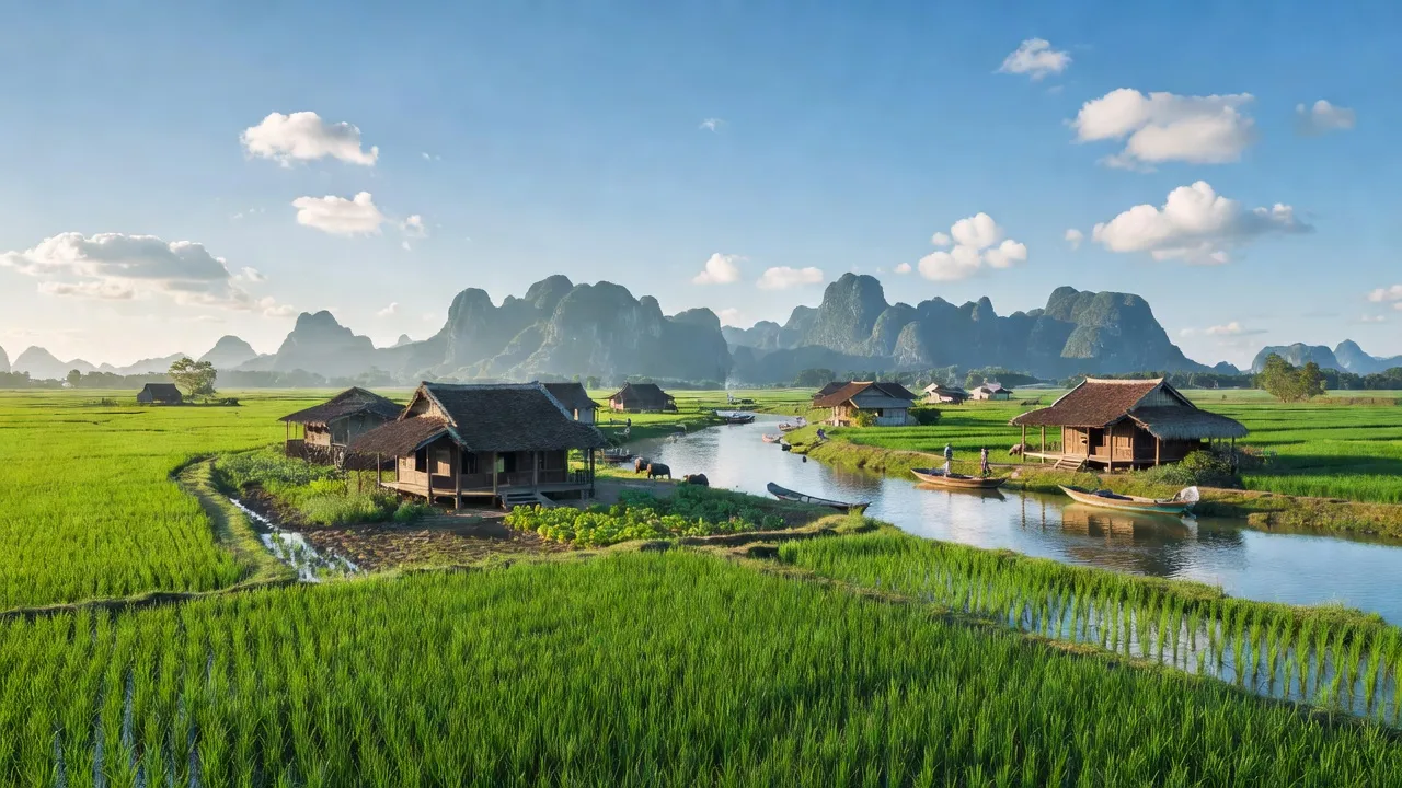 Khung cảnh Xã Gia Hưng, Huyện Gia Viễn với đồng xanh, nhà truyền thống và dãy núi hùng vĩ.