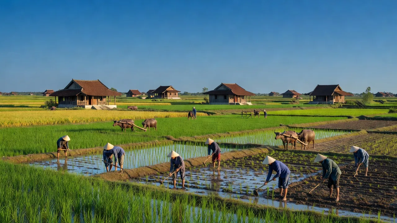 Cảnh quan nông thôn xã Gia Lạc, huyện Gia Viễn, tỉnh Ninh Bình với cánh đồng và nhà truyền thống.