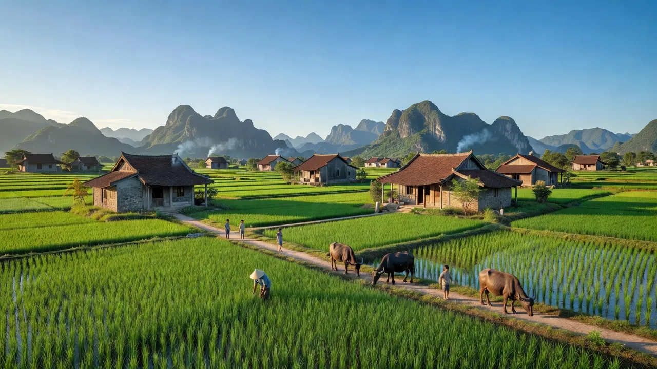 Khung cảnh bình yên ở xã Gia Lạc, huyện Gia Viễn, Ninh Bình với cánh đồng xanh tươi.