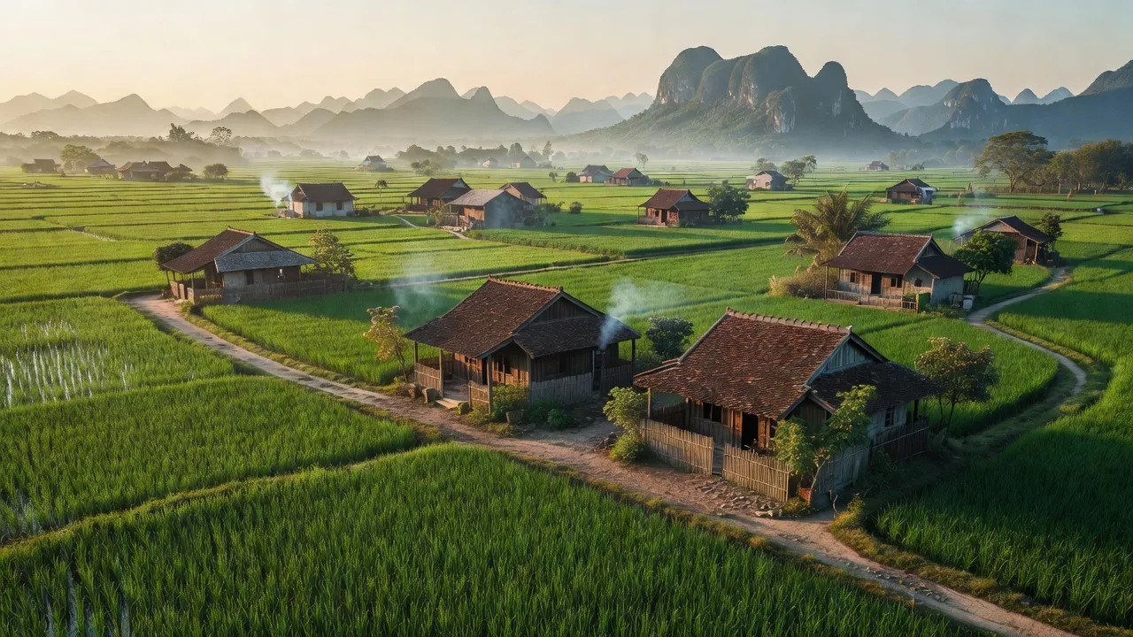 Cảnh đồng xanh và nhà truyền thống ở xã Gia Lập, huyện Gia Viễn, tỉnh Ninh Bình, Việt Nam.