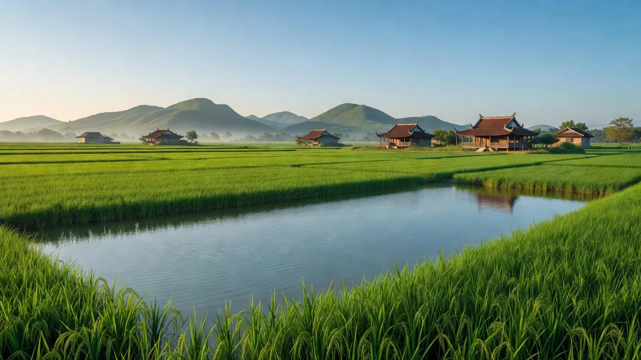 Cảnh đồng xanh yên bình tại xã Gia Lập, huyện Gia Viễn, tỉnh Ninh Bình, Việt Nam.
