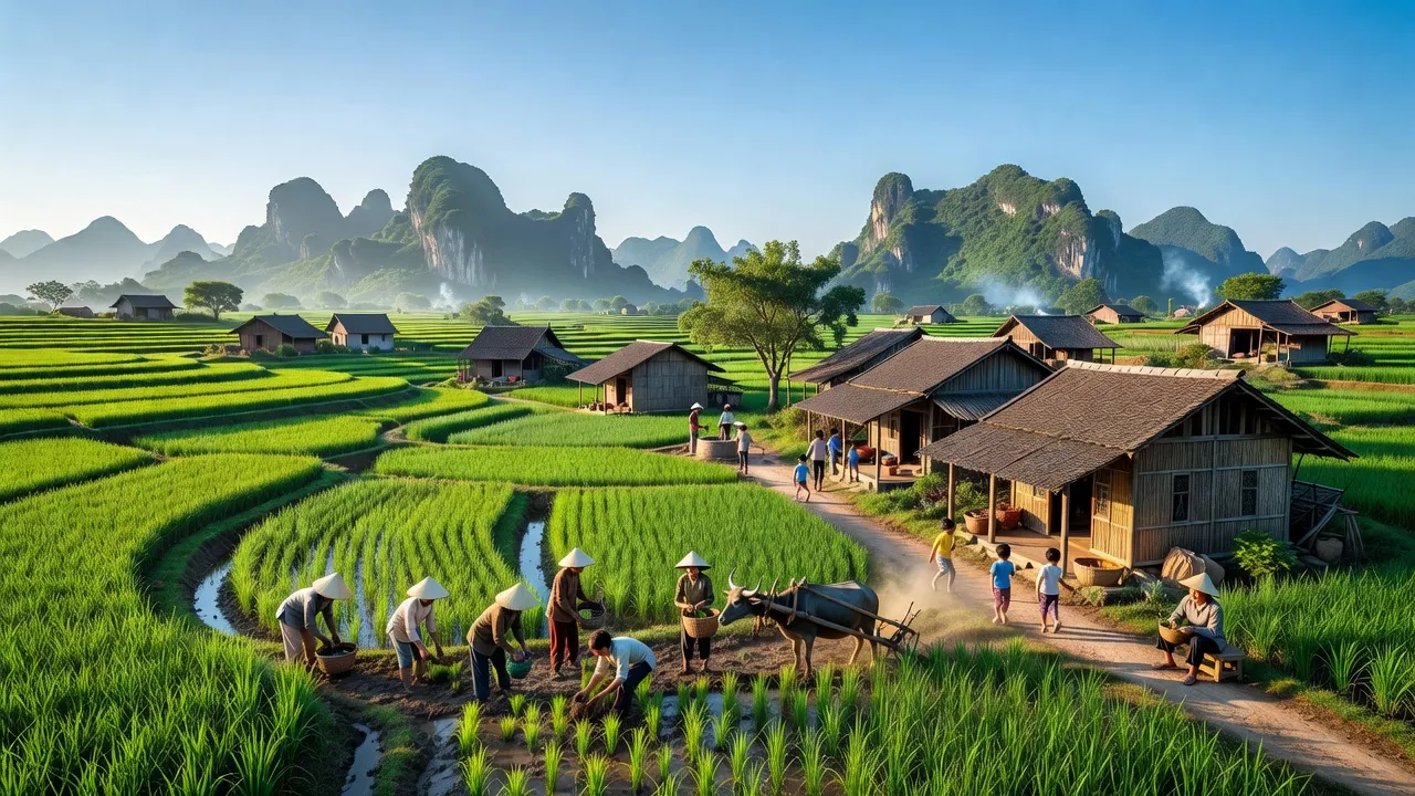 Khung cảnh xanh tươi của xã Gia Minh, huyện Gia Viễn, tỉnh Ninh Bình với cánh đồng lúa và nhà truyền thống.