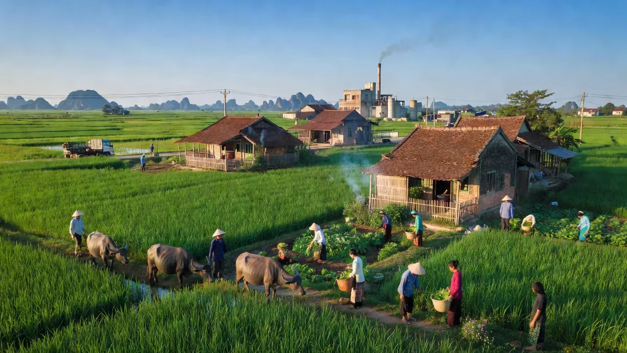 Cảnh sắc nông thôn xã Gia Phú, huyện Gia Viễn, Ninh Bình, cánh đồng xanh và nhà truyền thống.