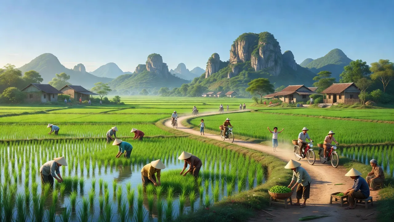 Cảnh quan xã Gia Phương, huyện Gia Viễn, Ninh Bình với cánh đồng và bầu trời trong xanh.