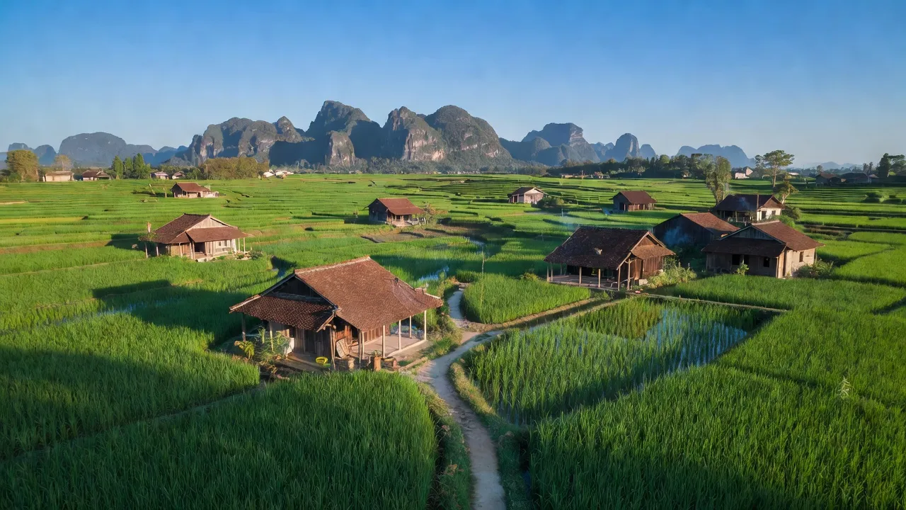 Cảnh quan xã Gia Sinh huyện Gia Viễn tỉnh Ninh Bình với cánh đồng xanh tươi và núi non.
