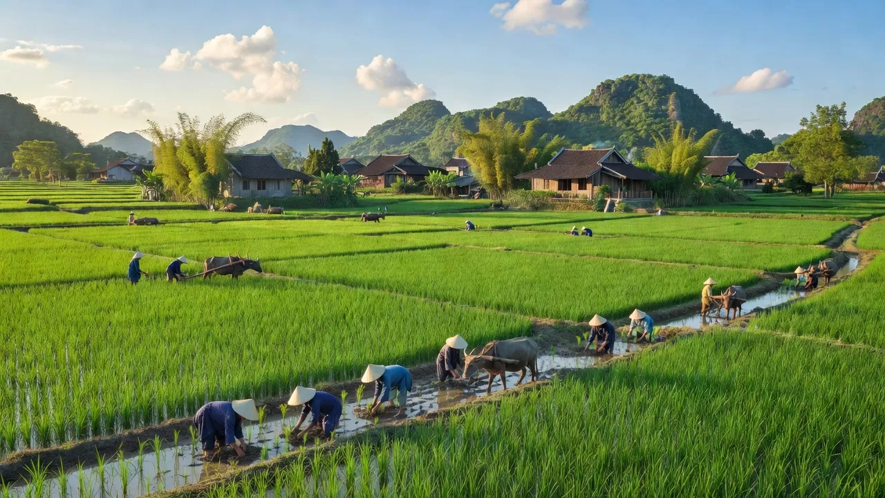 Khung cảnh tươi đẹp tại xã Gia Tân, huyện Gia Viễn, tỉnh Ninh Bình với đồng xanh và đồi thấp.