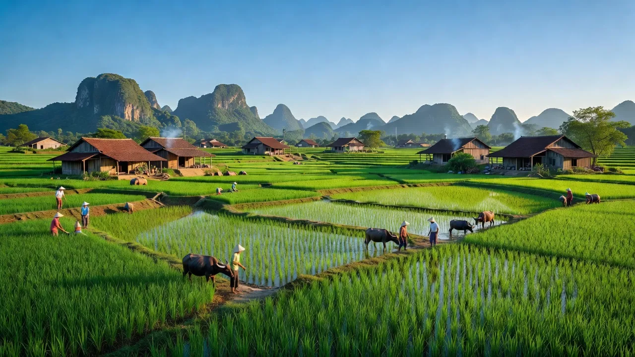 Cảnh đồng quê xã Gia Thanh, huyện Gia Viễn, tỉnh Ninh Bình với ruộng lúa xanh tươi.