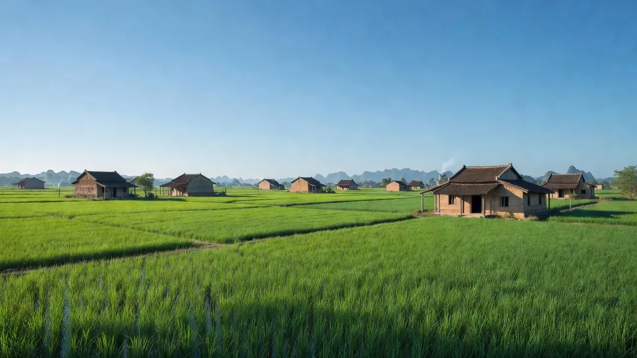 Cảnh đẹp nông thôn xã Gia Trấn, huyện Gia Viễn, tỉnh Ninh Bình với cánh đồng xanh và nhà truyền thống.