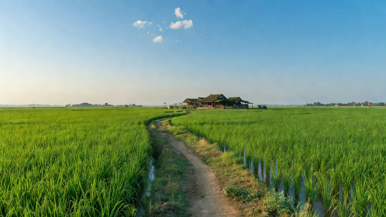 Cảnh đồng quê tại xã Gia Trấn, huyện Gia Viễn, tỉnh Ninh Bình, Việt Nam với cánh đồng xanh và nhà truyền thống.