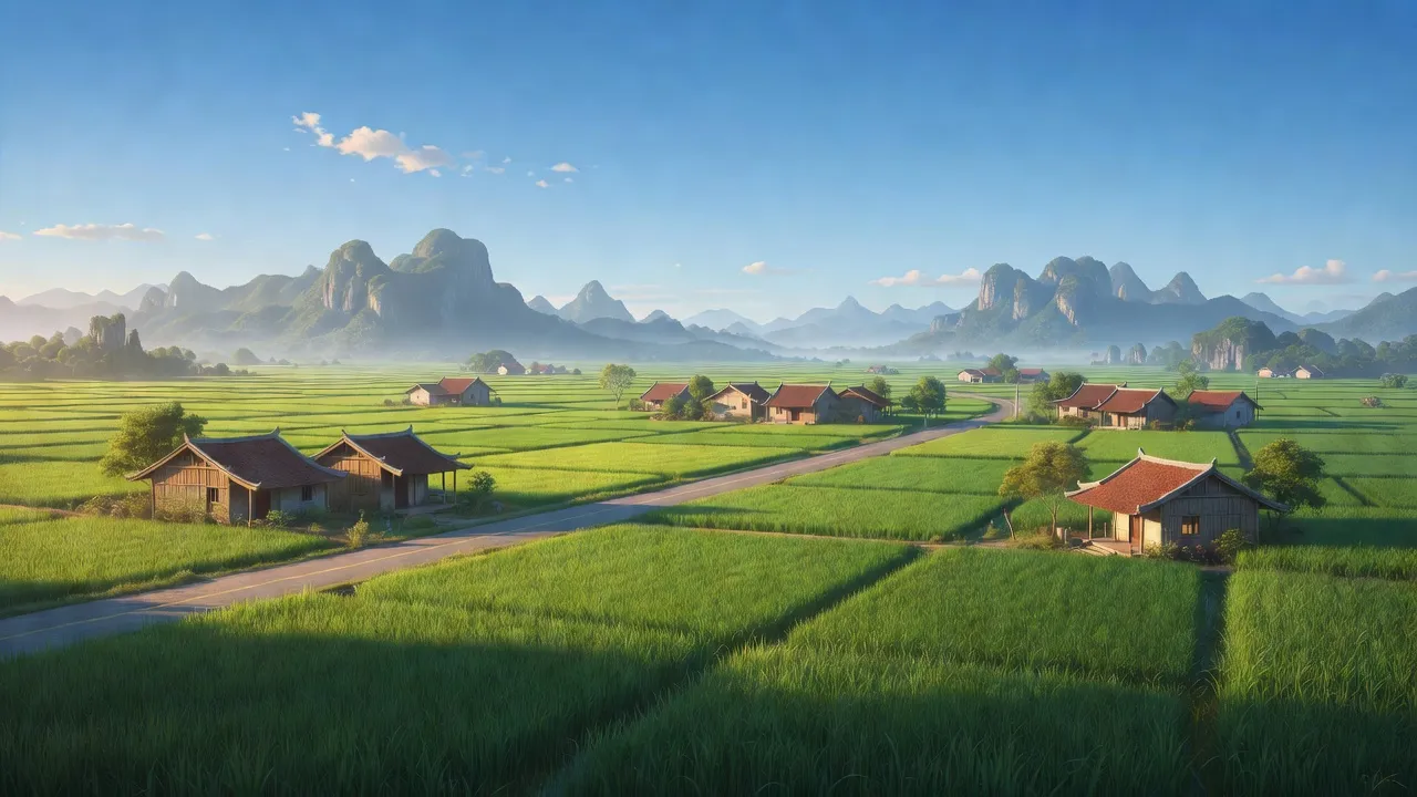 Cảnh đẹp xã Gia Trung, huyện Gia Viễn, tỉnh Ninh Bình với đồng lúa và núi non.