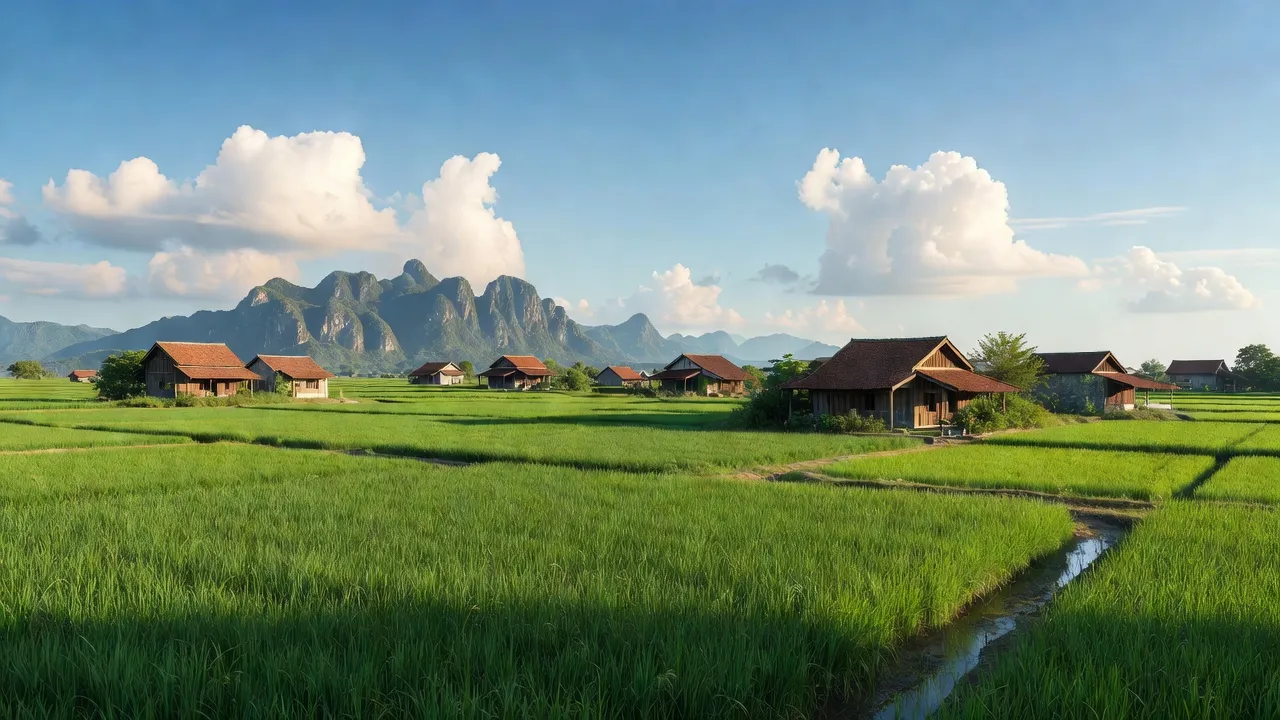 Cảnh đồng quê xã Gia Trung, huyện Gia Viễn, tỉnh Ninh Bình với cánh đồng xanh và nhà truyền thống.