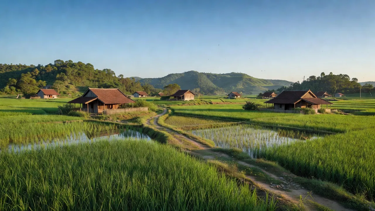 Cảnh sắc yên bình tại xã Gia Xuân, huyện Gia Viễn, Ninh Bình với cánh đồng xanh và nhà truyền thống.