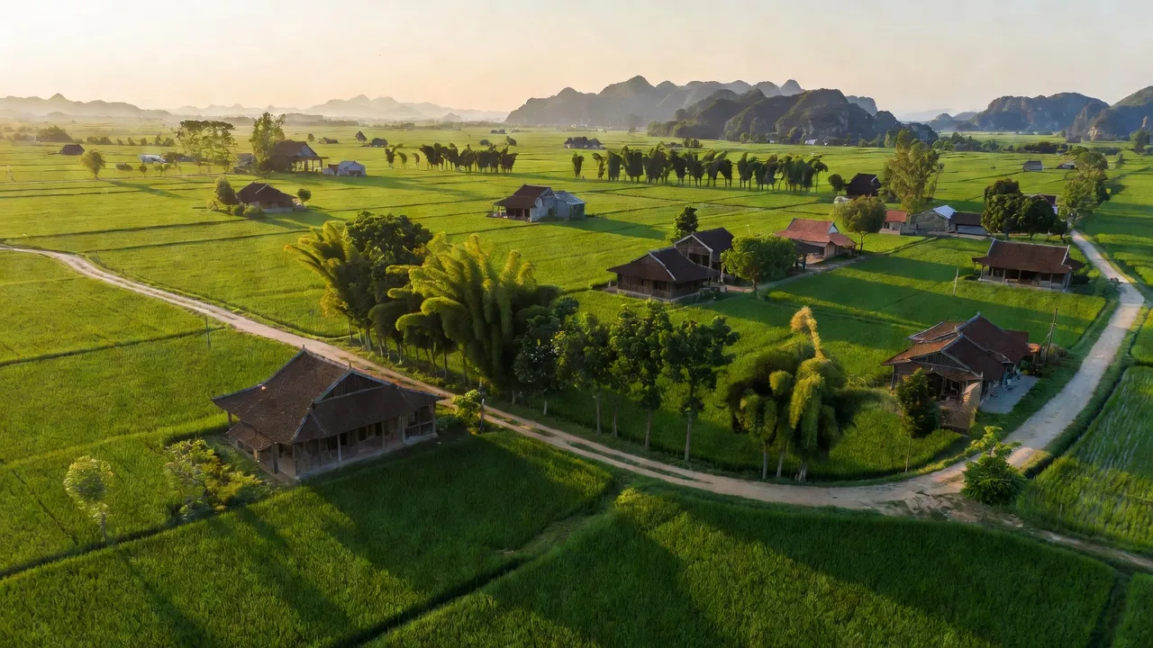 Khung cảnh nông thôn xã Liên Sơn, huyện Gia Viễn, tỉnh Ninh Bình với đồng xanh và nhà truyền thống.