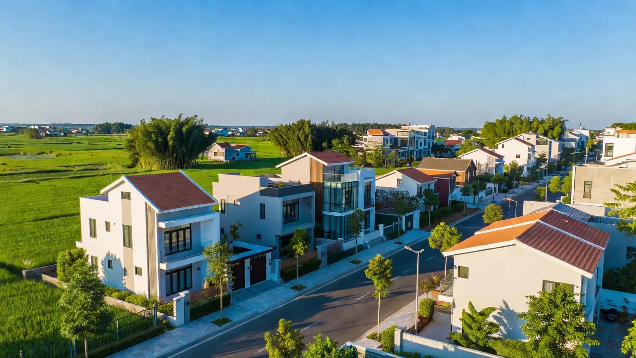 Thị trấn Thịnh Vượng, huyện Gia Viễn, Ninh Bình với kiến trúc hiện đại và khung cảnh thiên nhiên đẹp.