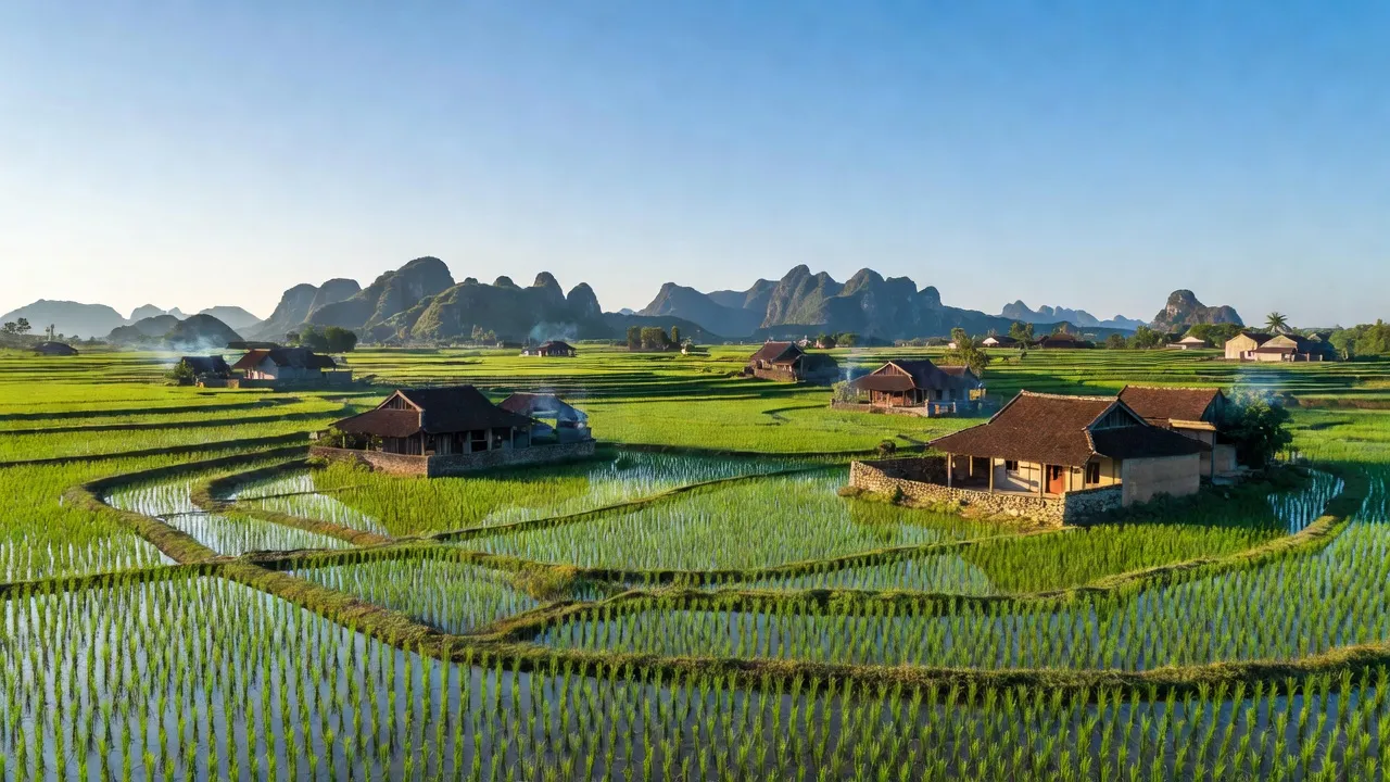 Cảnh quan nông thôn xã Tiến Thắng, huyện Gia Viễn, Ninh Bình với cánh đồng và nhà truyền thống.