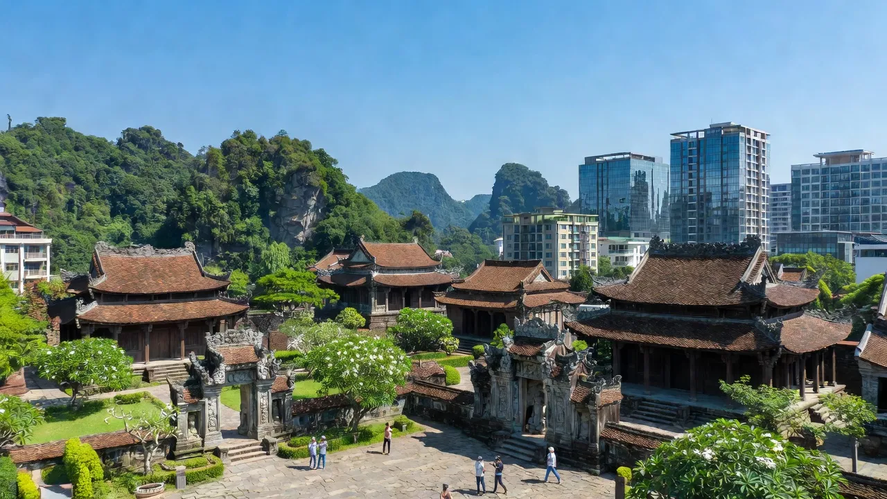 Khung cảnh Thành phố Hoa Lư, Ninh Bình với các đền cổ và đồi xanh tươi đẹp.