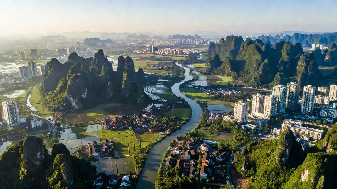 Thành phố Hoa Lư, Ninh Bình với núi non, sông nước và cảnh quan đô thị hiện đại.