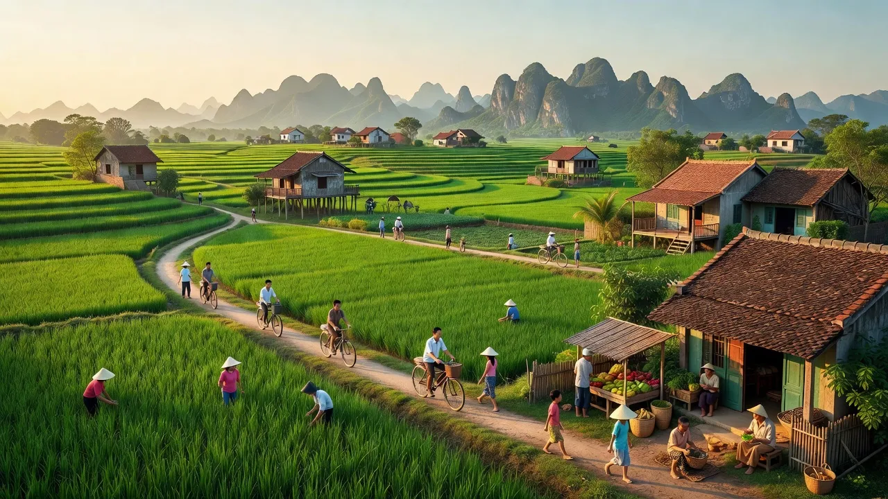 Khung cảnh yên bình của Phường Đông Thành, Hoa Lư, Ninh Bình với thiên nhiên tươi đẹp và kiến trúc độc đáo.