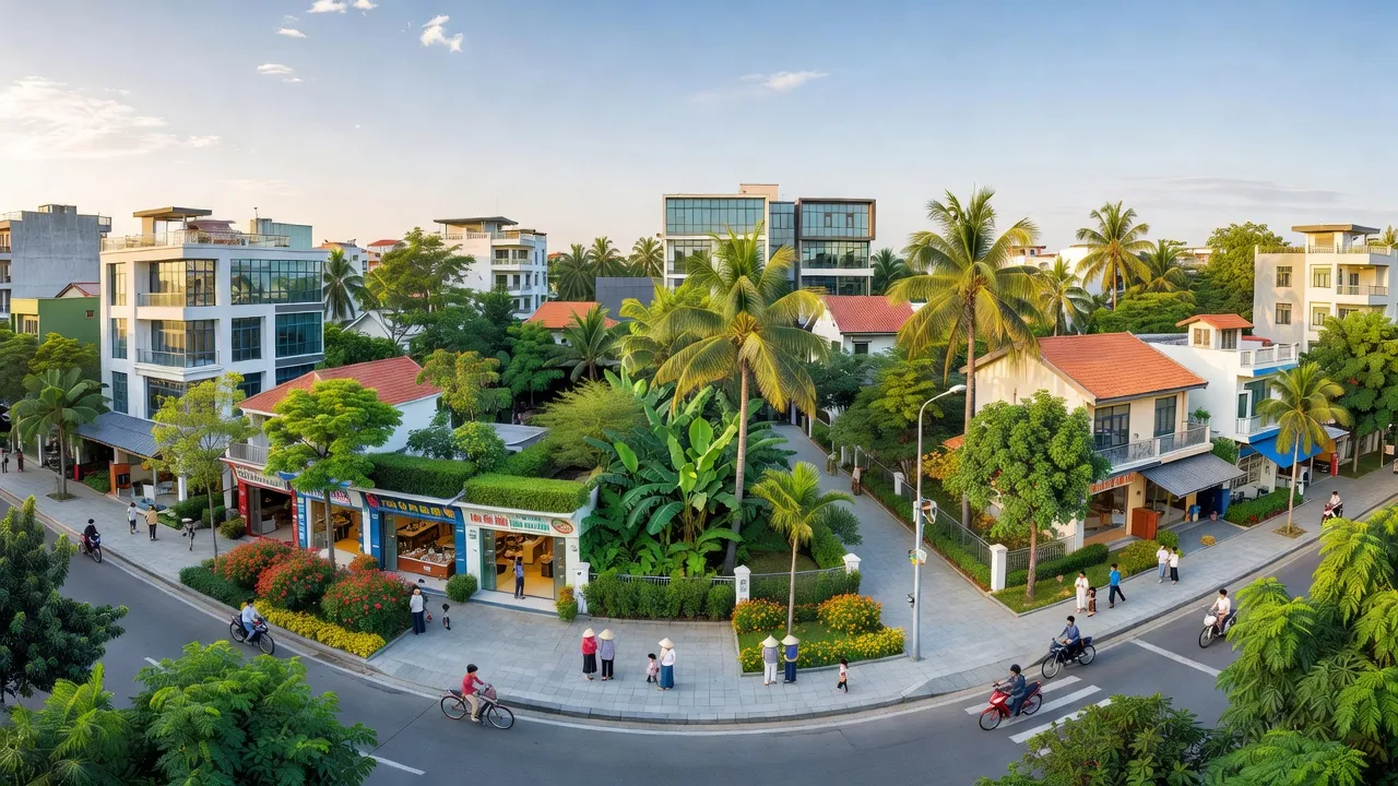 Khung cảnh phường Nam Bình, Thành phố Hoa Lư, Ninh Bình với cảnh quan đô thị và thiên nhiên xanh tươi.