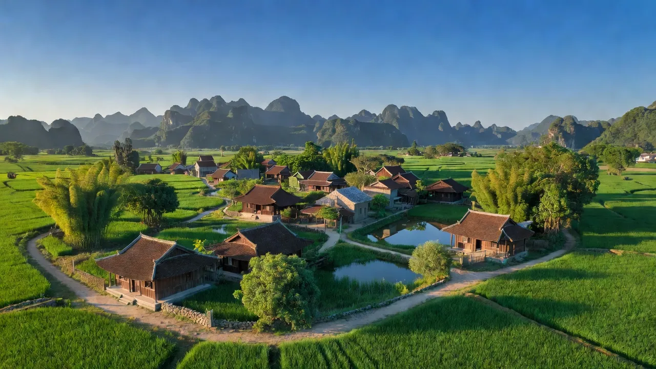 Phường Nam Thành, Thành phố Hoa Lư, tỉnh Ninh Bình với cảnh quan yên bình, nhà truyền thống và núi xa.