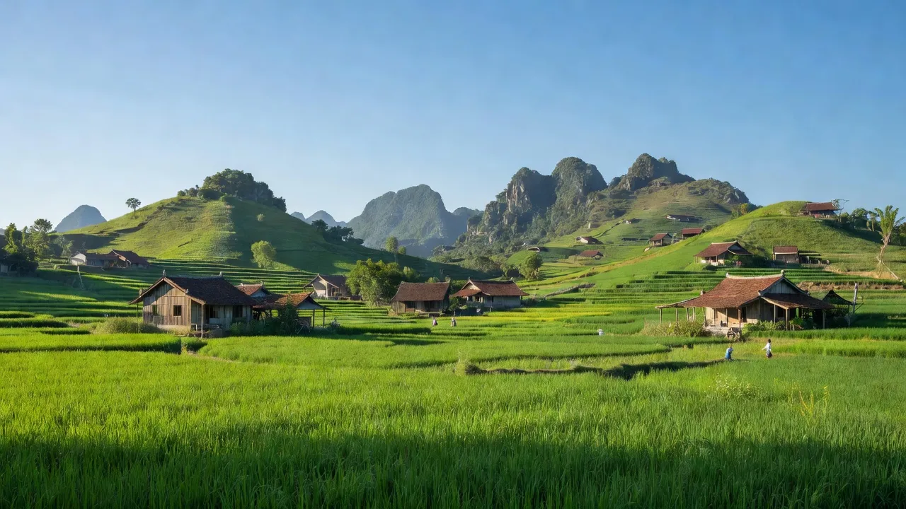 Cảnh quan Xã Ninh An, Hoa Lư, Ninh Bình với cánh đồng và nhà nông thôn đẹp.