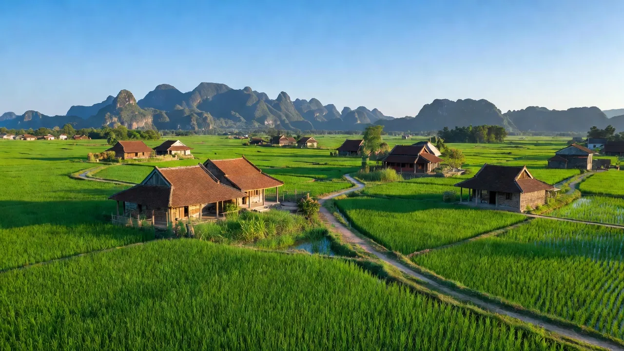Xã Ninh An, Thành phố Hoa Lư, tỉnh Ninh Bình với cảnh đồng quê xanh mướt, nhà truyền thống và núi nền trời.
