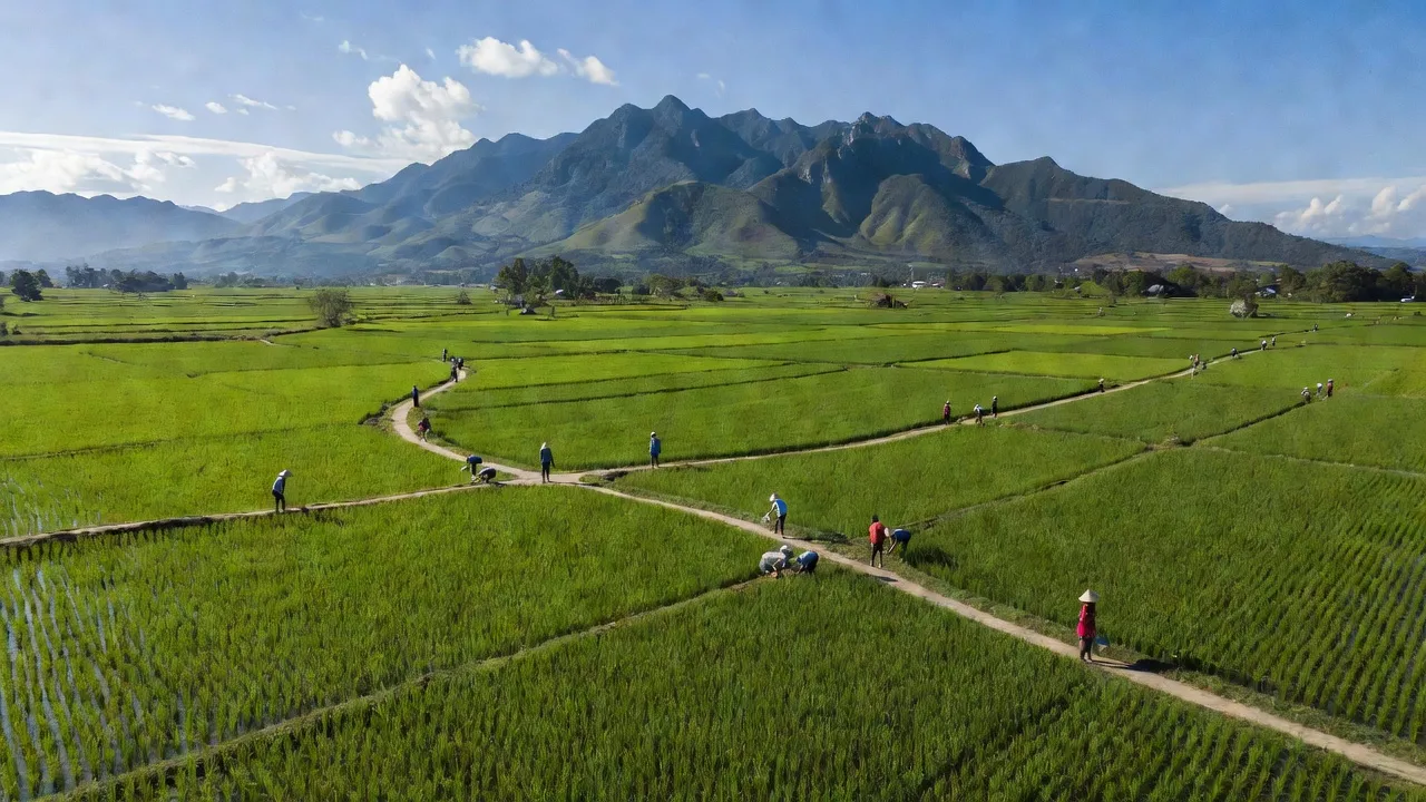 Bức tranh quê hương xã Ninh Hải, Thành phố Hoa Lư, Ninh Bình với đồng xanh và núi.