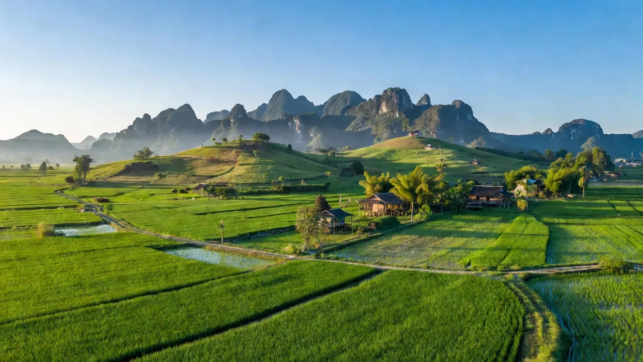 Cảnh đồng xanh và núi Tam Điệp tại xã Ninh Hải, Thành phố Hoa Lư, tỉnh Ninh Bình.