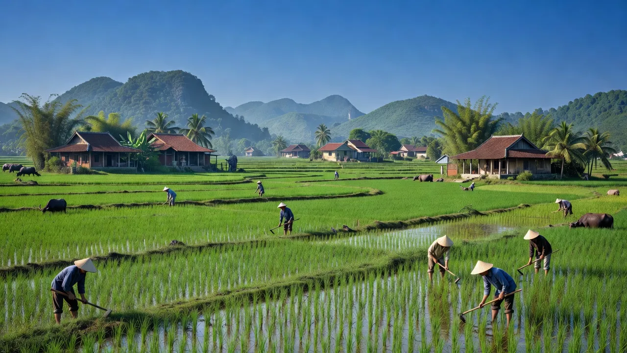 Cảnh đẹp xã Ninh Hòa, Thành phố Hoa Lư, với cánh đồng xanh và kiến trúc truyền thống Việt Nam.