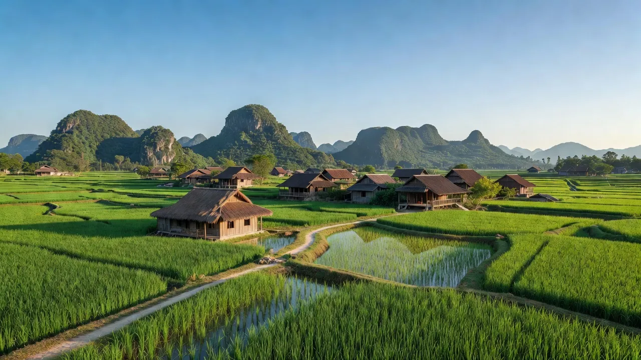 Ninh Khang village in Hoa Lu, Ninh Binh featuring lush rice fields and traditional architecture.