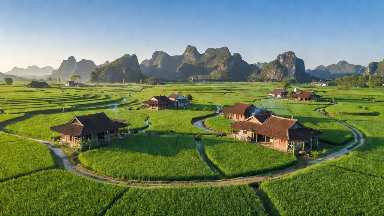 Cảnh quan Phường Ninh Mỹ, Thành phố Hoa Lư, với cánh đồng xanh và nhà truyền thống Việt Nam.