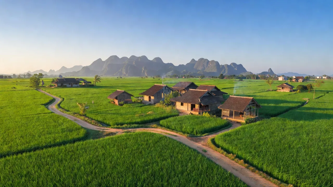 Cảnh đẹp xã Ninh Tiến, thành phố Hoa Lư, Ninh Bình với cánh đồng xanh và nhà truyền thống.