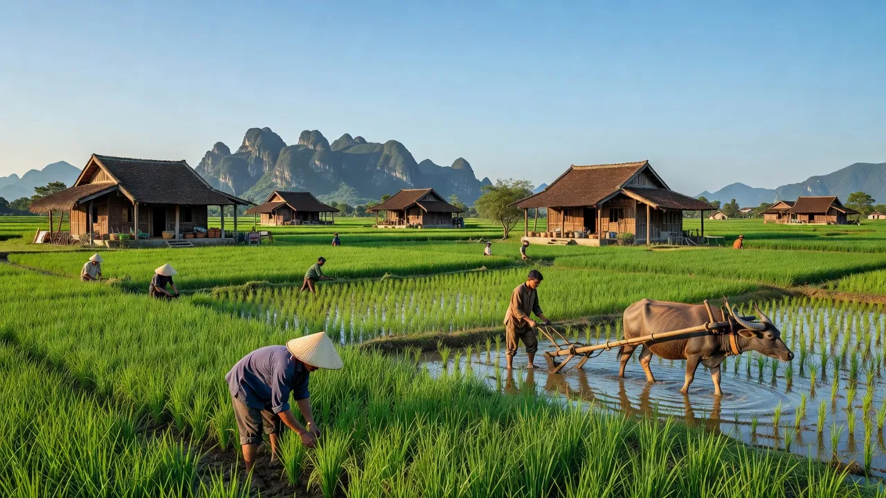 Cảnh đồng quê xã Ninh Tiến ở Thành phố Hoa Lư, tỉnh Ninh Bình với cánh đồng xanh và núi đá.