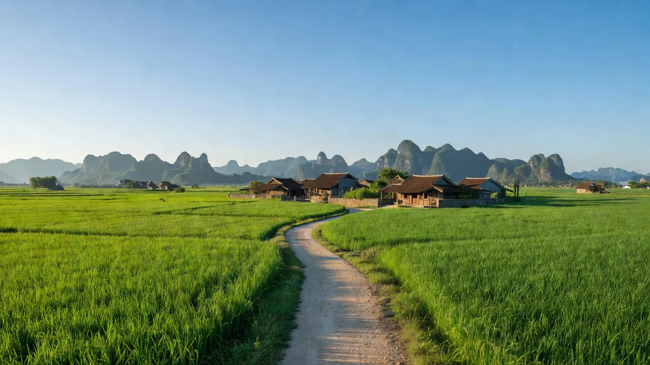 Cảnh quan xã Ninh Vân, Hoa Lư, Ninh Bình với cánh đồng xanh và núi non quanh đó.